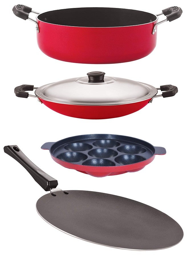 Nirlon Nonstick Pots and Pans 4 Pieces Set with Bakelite Handle (Concave Tawa 28.5cm + Appa Chatti Steel Lid 1 LTR + Appam 7 Cavity + Casserole 3.1 LTR) (CT12_AC_AP7_CS24) - Image 1